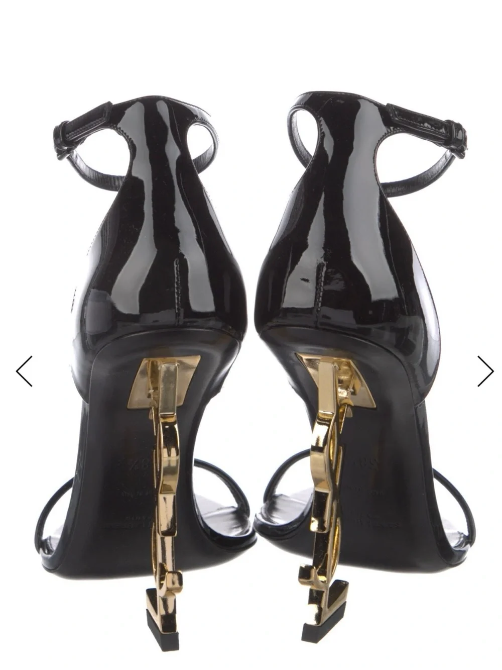 Saint Laurent Black Patent Leather Ankle-Strap Heels with Gold Logo Heel - Picture 4 of 7